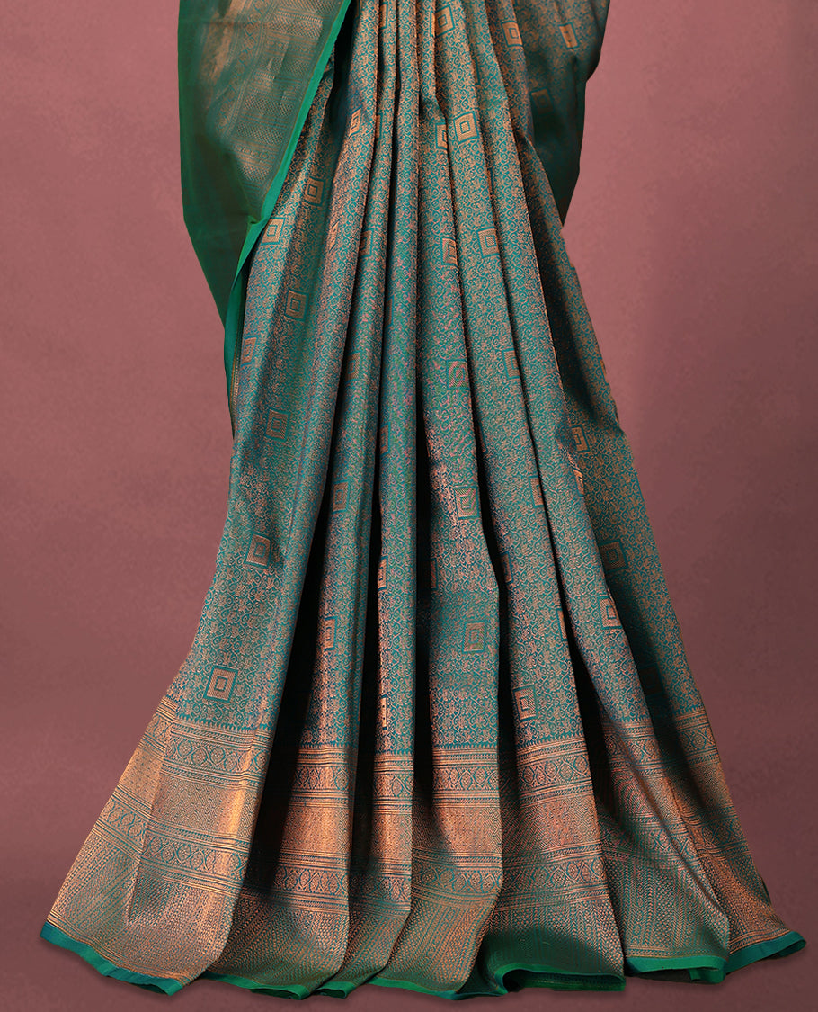 Aqua Colour Kancheepuram Silk Brocade Saree having Brocade Body with Self Coloured Brocade Border and Blouse