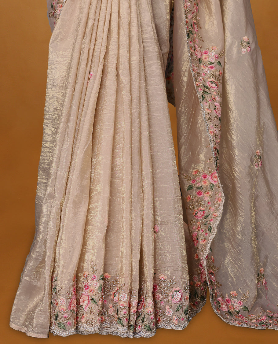Dusty Rose Crush Soft Silk saree featuring Floral Thread Works on the body, complemented by delicate floral embroidery border and a matching blouse.