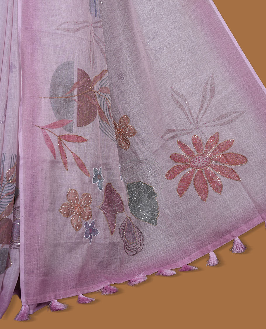Light Pink colour linen saree featuring Pink colour fade border with floral beats pattern around floral print across body without border, pallu and matching blouse piece.