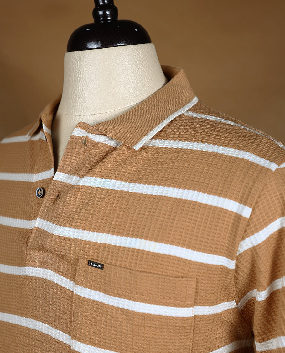 Biscuit with White Striped BRANDMOVER Half Sleeve T-Shirt for Men