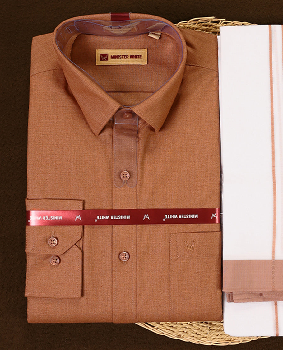 Copper brown full sleeve shirt and white dhoti set featuring a coordinated copper brown zari border designed for a stylish and traditional look ideal for festive and cultural occasions