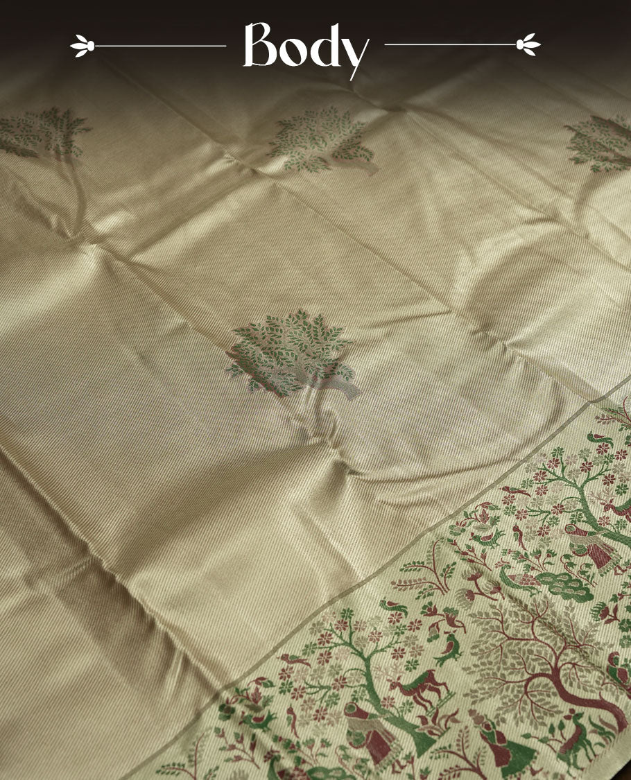 Light Green Tissue Saree, Forest Animal Print with Birds and Deer, Green and Maroon Printed Border, Green Leaf Motifs on Cream Pallu, with Matching Blouse