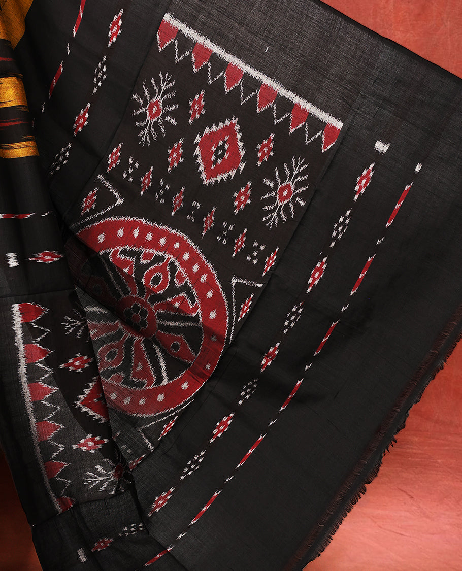 Mustard and black colour Ikkat Pochampally saree featuring maroon & black abstract ikkat patterns on the body, traditional geometric ikkat design on the pallu, without Blouse