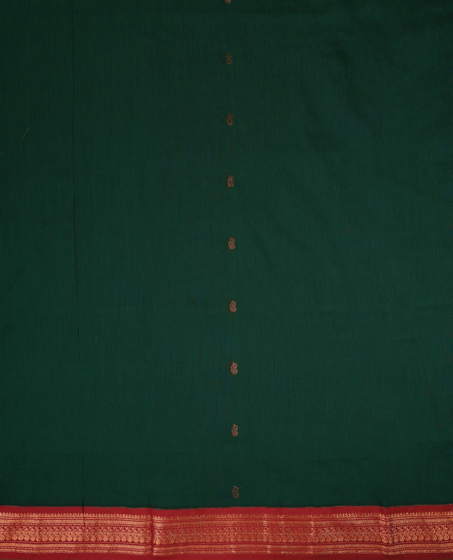 Bottle Green colour mixed Kalyani cotton saree featuring Copper zari Mango motifs throughout the body, paired with a Maroon colour traditional border and pallu, with matching blouse