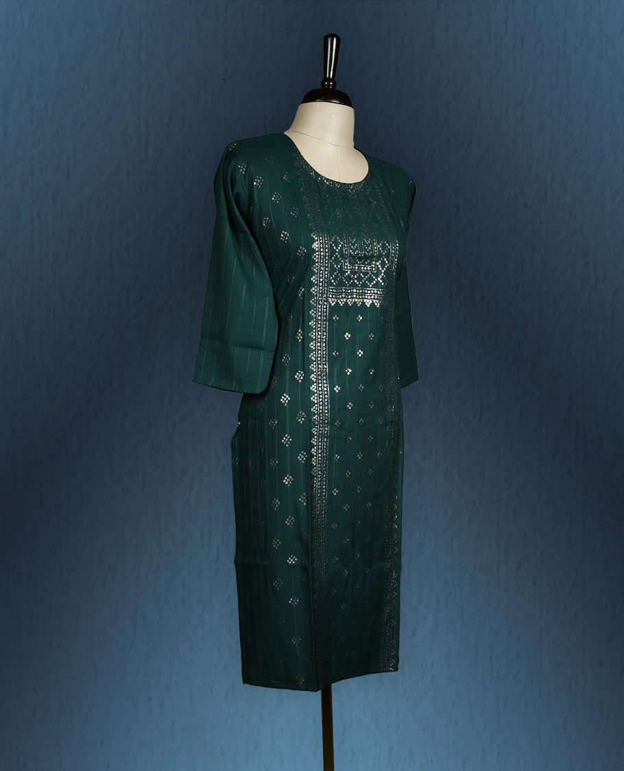 Deep green colour kurti with intricate golden geometric and floral pattern prints on the front panel, styled with a round neckline and elegant three quarter sleeves