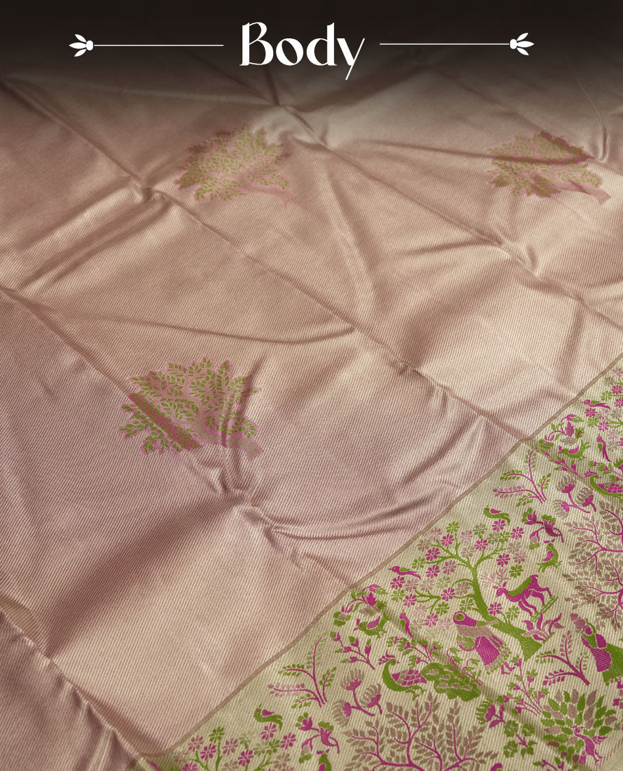 Light Pink Tissue Saree, Green and Magenta Forest Animal Print with Birds and Deer, Decorative Zari Border, Scalloped Pallu Design, with Matching Blouse