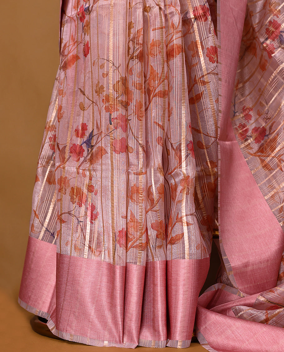 Pink semi-organza saree with intricate floral jaal work, elegant border, and a matching silk brocade blouse.
