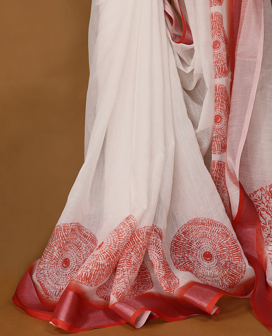 Red and white cotton saree featuring a nature-inspired abstract print and a Red border with Matching Blouse