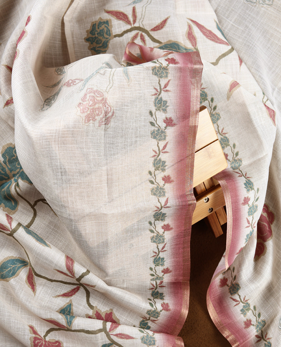 Beige & Onion pink colour churidhar material with floral print enhanced by sewn glass beads on the body, paired with plain lavender bottom & floral print dupatta.