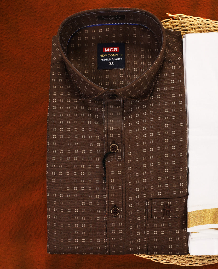 Brown colour MCR full sleeve shirt featuring all over abstract prints, paired with a white dhoti adorned with a rich golden zari kara and a matching printed border.