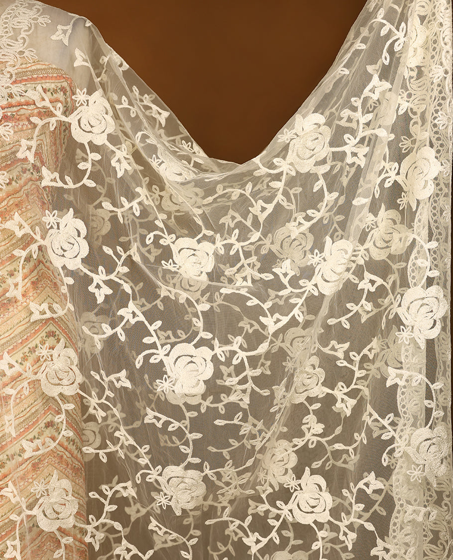 Cream Colour, Thread Worked Top having Orange Colour Prints with Bottom and Thread Worked Dupatta