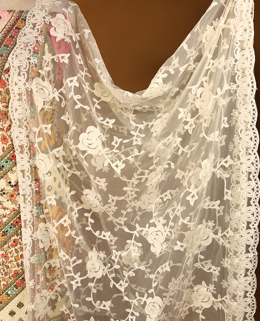 Cream Colour, Fully Mirror Worked Top having Multi Colour Prints & Red Border with Bottom and Thread Worked Dupatta