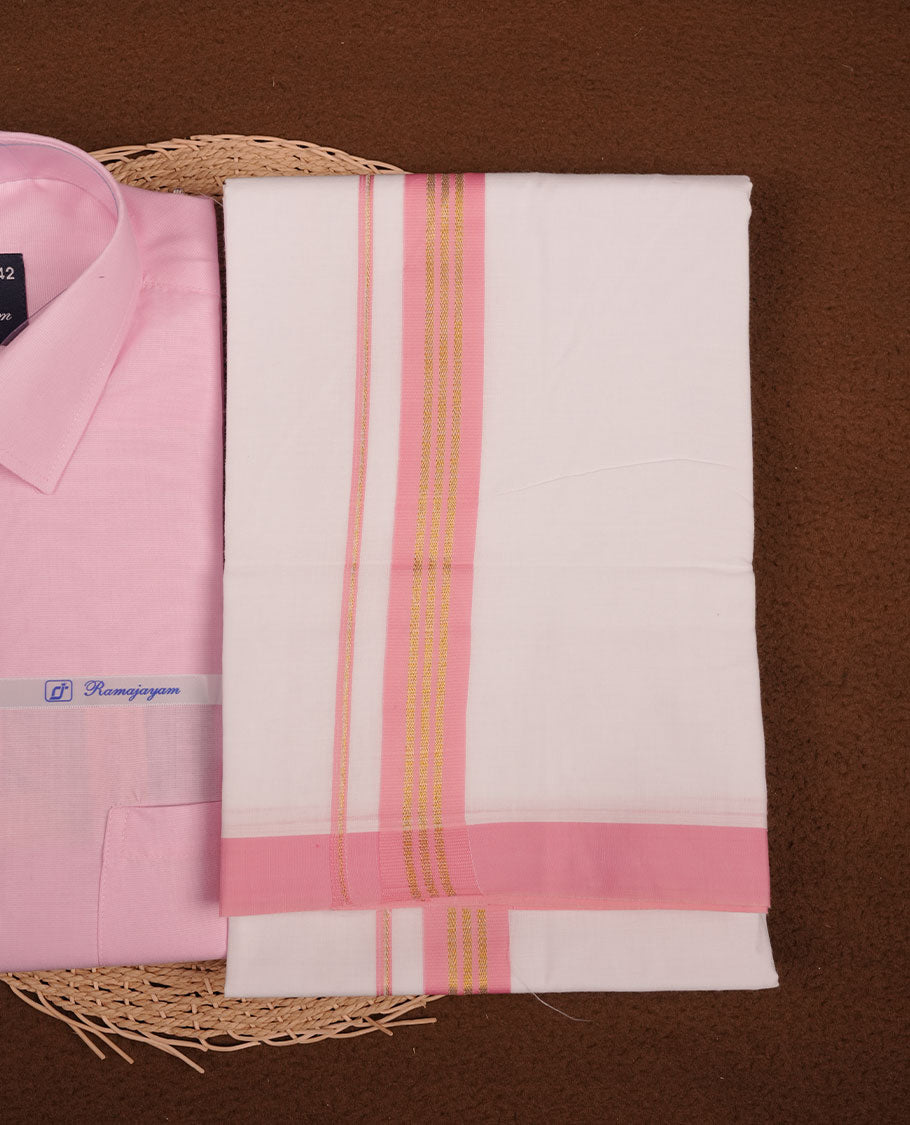 Light Pink Colour shirt paired with a matching dhoti, finished with a peach and gold border.