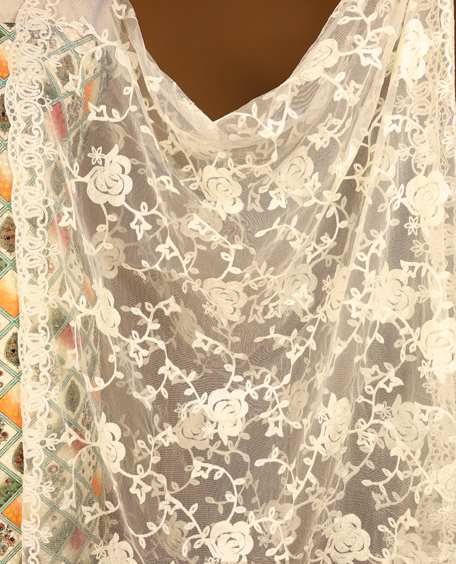 Cream Colour, Mirror Worked Top having Multi Colour Prints & Orange Border with Bottom and Thread Worked Dupatta