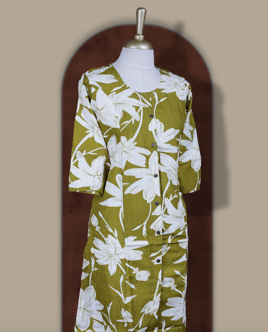 Olive green colour kurthi adorned with bold off white floral prints, featuring a classic round neckline with front buttons and comfy 3/4th sleeves.