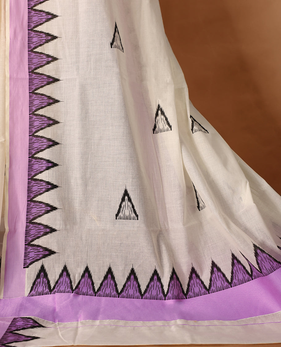 Elegant off white colour cotton Kerala saree featuring Plain body, Lavender colour border with temple designs, Paired with matching blouse offering a classic and graceful look, paired with a matching blouse.
