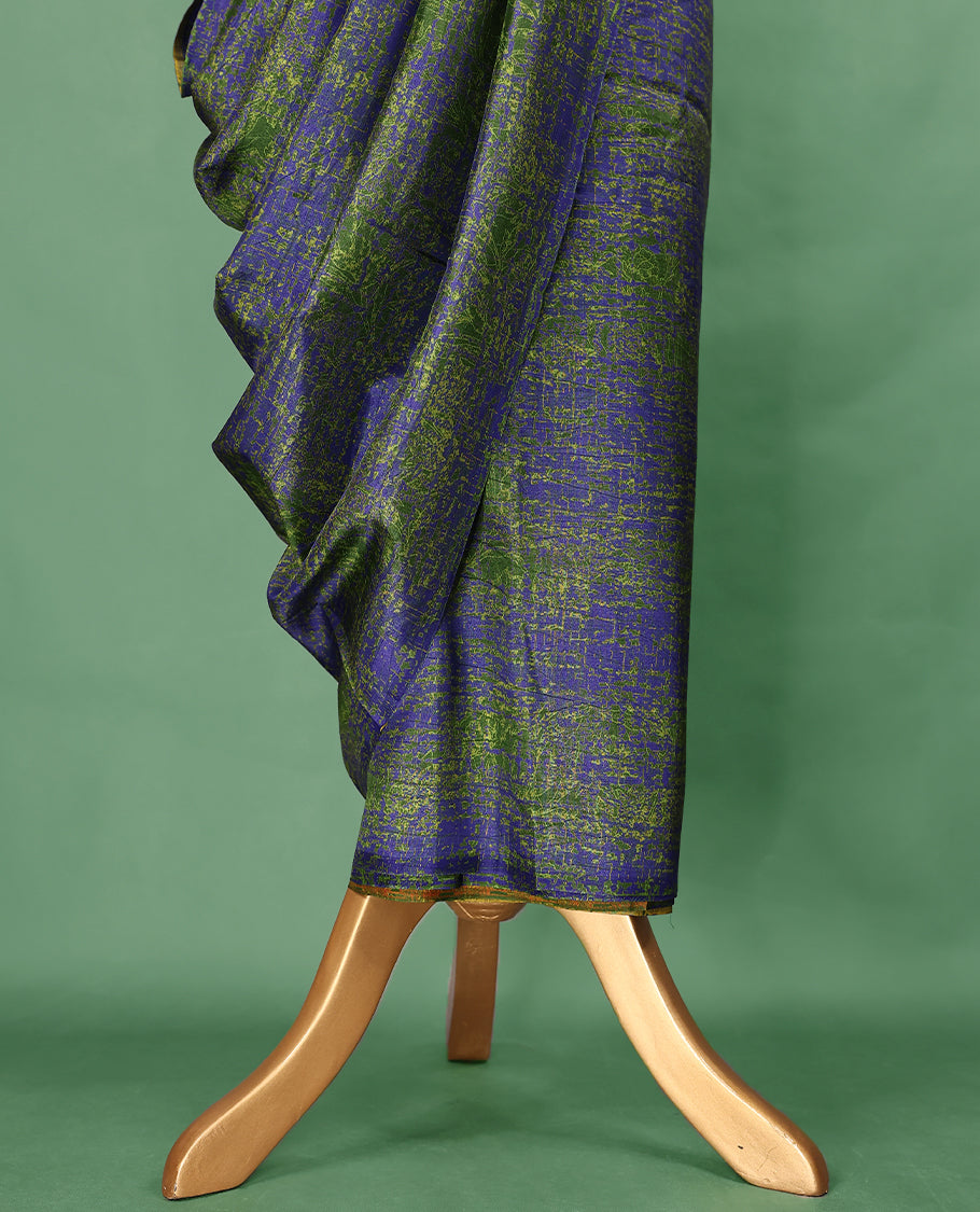 Blue Colour Manipuri saree with green abstract patterns, without border, and comes with a matching blouse.