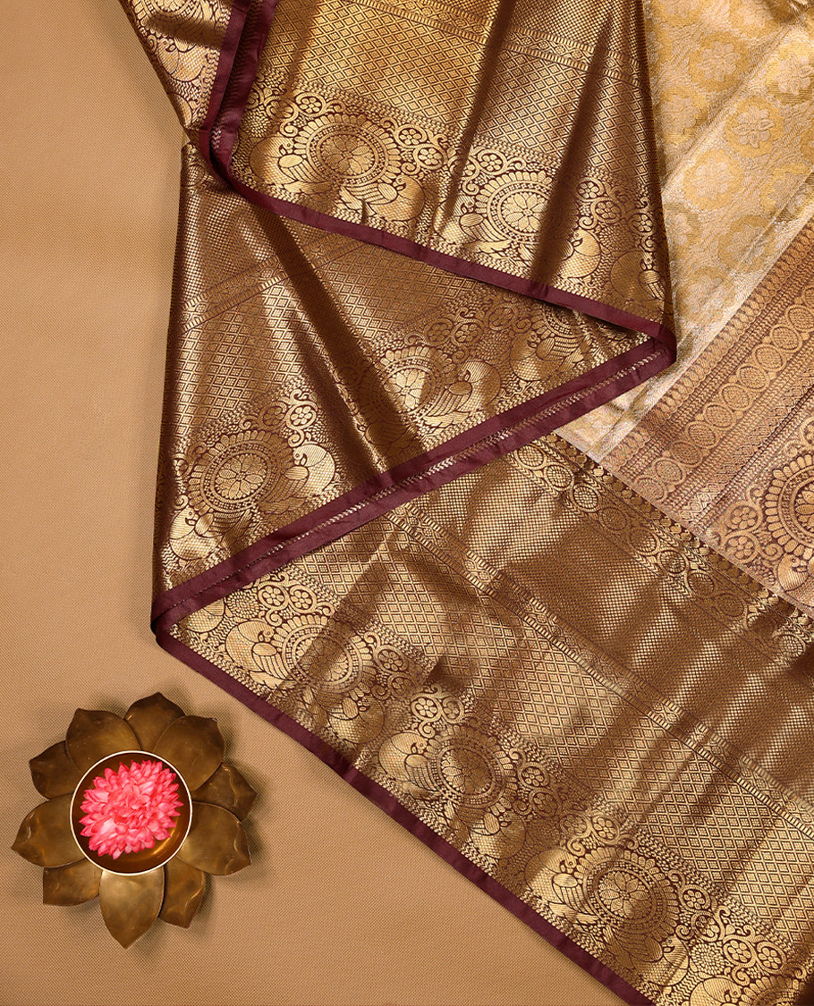 Golden Colour Tissue Semi Silk Saree having Silver Zari Worked Body and Blouse with Dark Brown Border