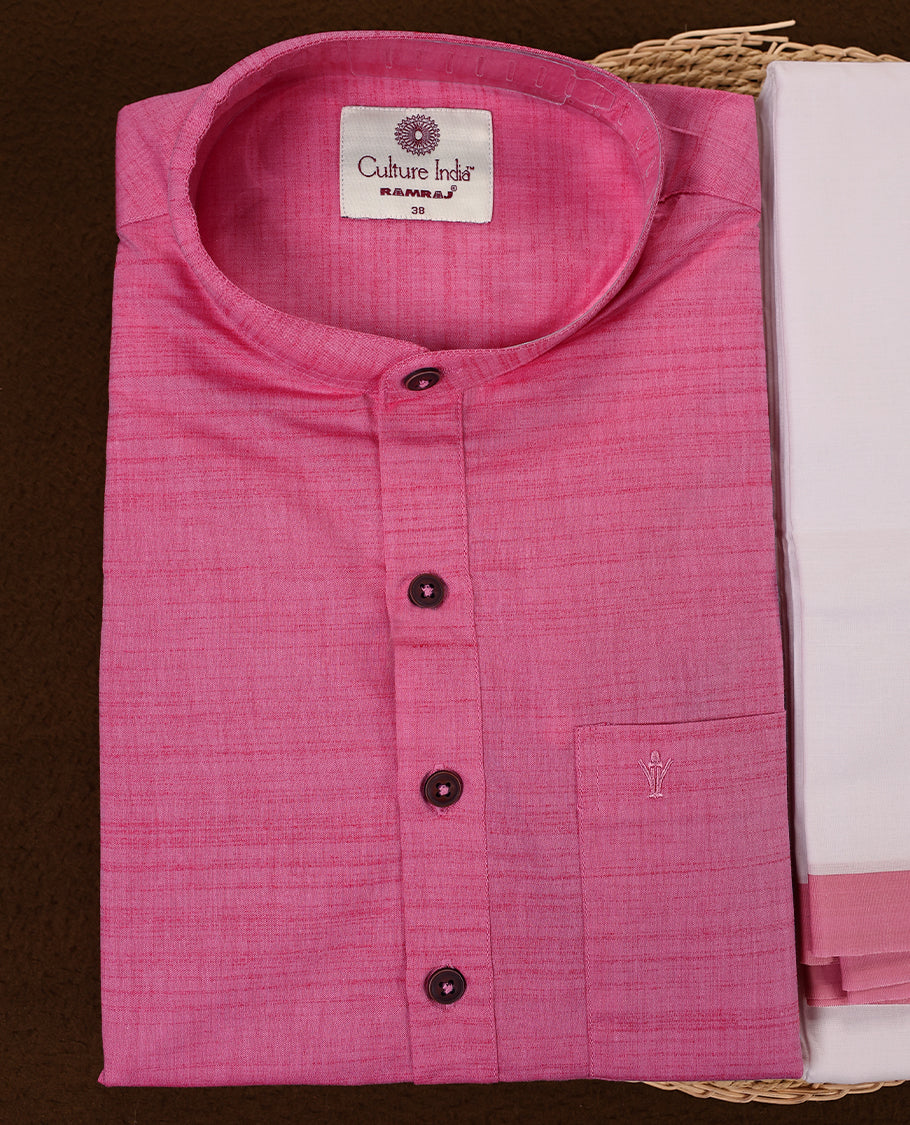 Pink colour short kurta and white dhoti set featuring a coordinated pink zari border crafted for a cheerful and traditional appearance perfect for festive occasions