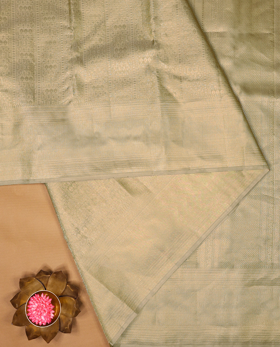 Pastel Elaichi Green Colour Kancheepuram Silk Saree having Zari Worked Body with Brocade Border and Self Coloured Blouse