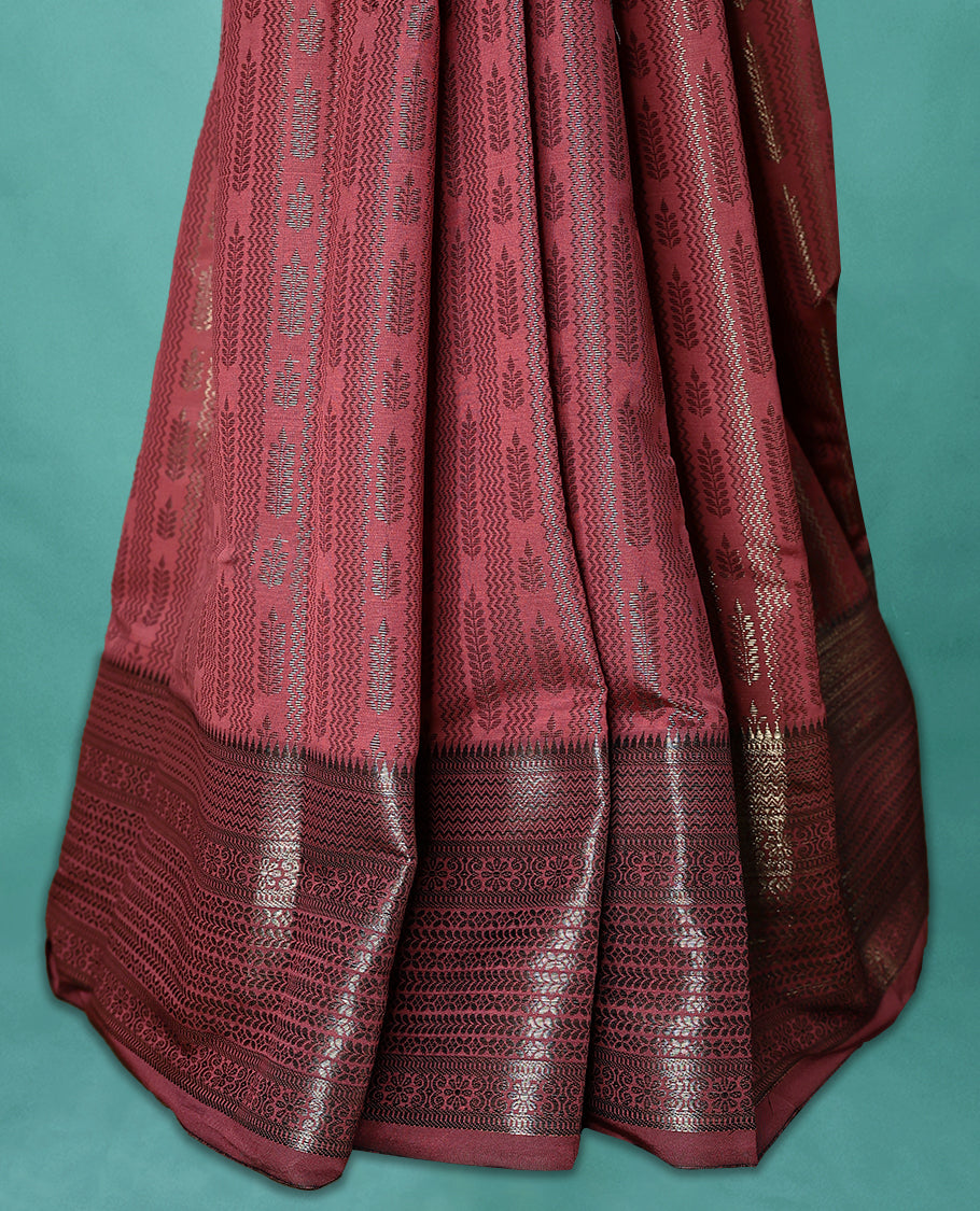 Deep Rose Art Soft Silk Saree showcases intricate silver zari work on the body and border, paired with a matching blouse