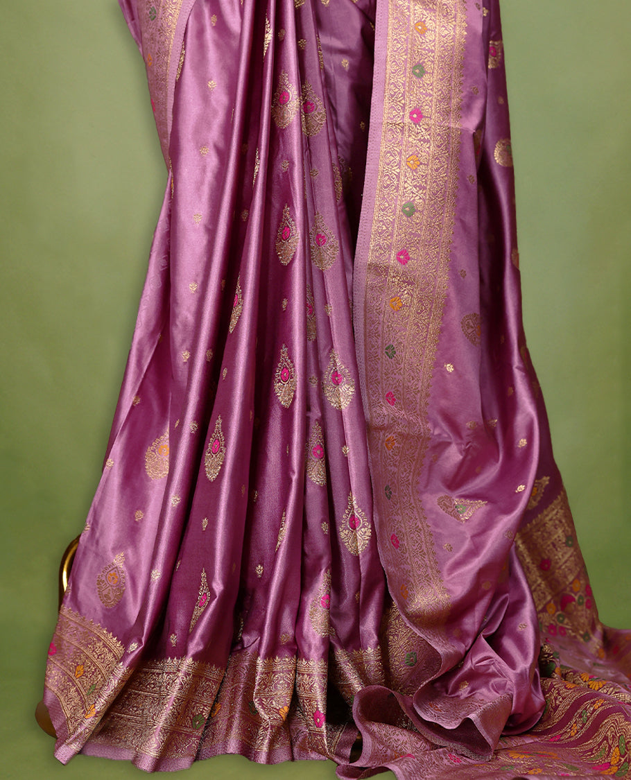 Lilac Colour Semi Banarasi Saree having Golden Buttas in Body with Worked Border and Blouse