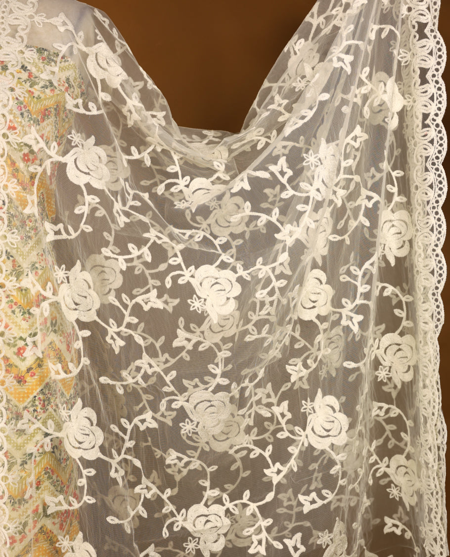 Cream Colour, Thread Worked Top having Multi Colour Prints with Bottom and Thread Worked Dupatta