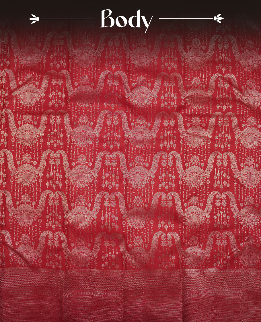 Ruby Red colour Kanchipuram pattern Manthrakodi saree featuring with geometric and banarasi floral antique zari weaving in kanchipuram zari jacquard body, self traditional border and zari jaquard blouse piece.