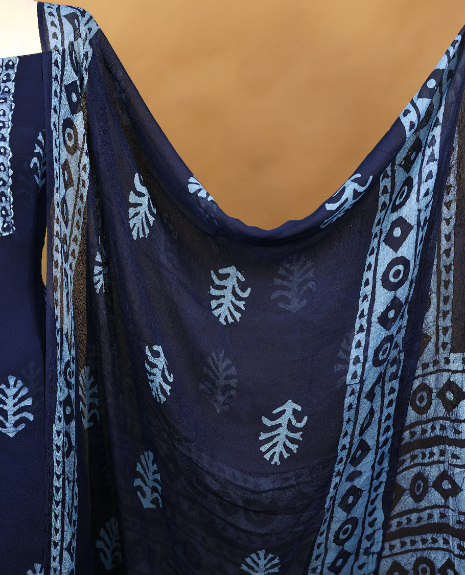 Dark Blue Colour Georgette Top having Thread Work with Bottom and Printed Georgette Dupatta