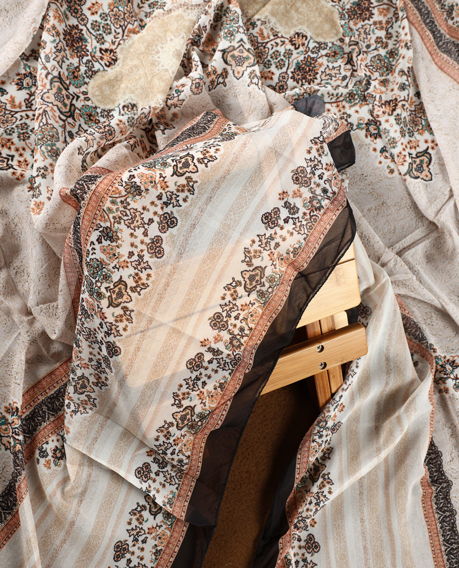 Elegant cream colour churidhar material with intricate floral embroidery on the neckline, paired with a beautifully printed dupatta and a plain matching bottom.