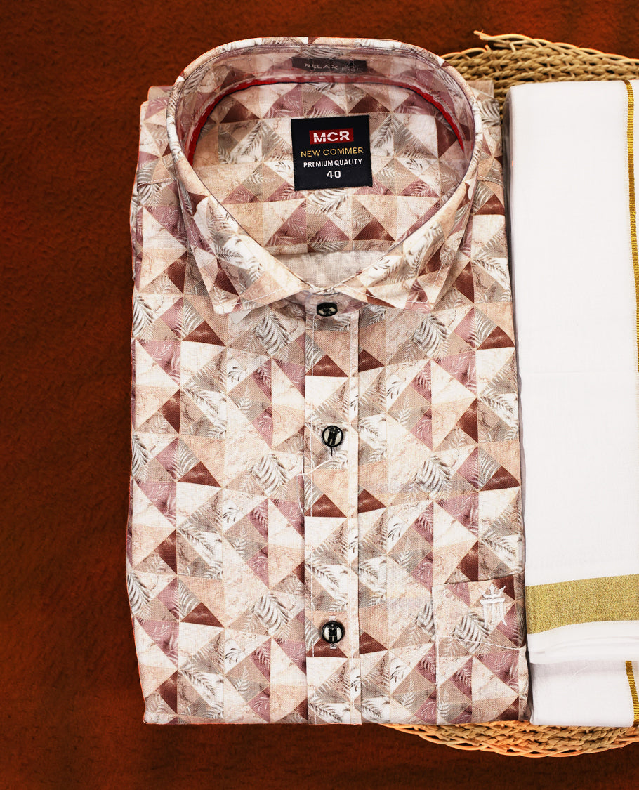 Multi pastel colour MCR full sleeve shirt featuring all over abstract prints, paired with a white dhoti adorned with a rich golden zari kara and a matching printed border.