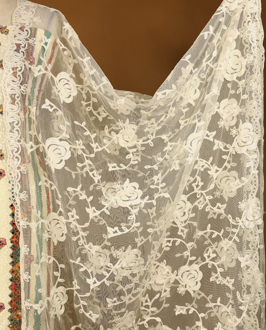 Cream Colour, Mirror Worked Top having Multi Colour Prints & Green Border with Bottom and Thread Worked Dupatta