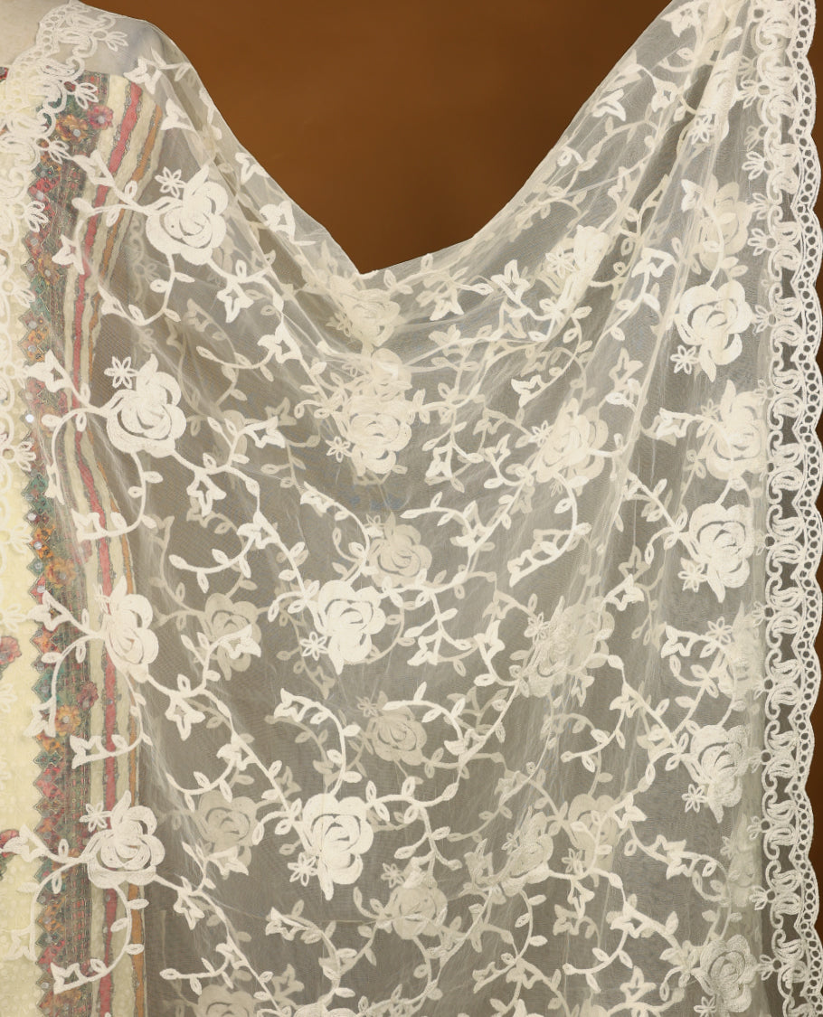 Cream Colour, Mirror Worked Top having Multi Colour Prints & Red Border with Bottom and Thread Worked Dupatta