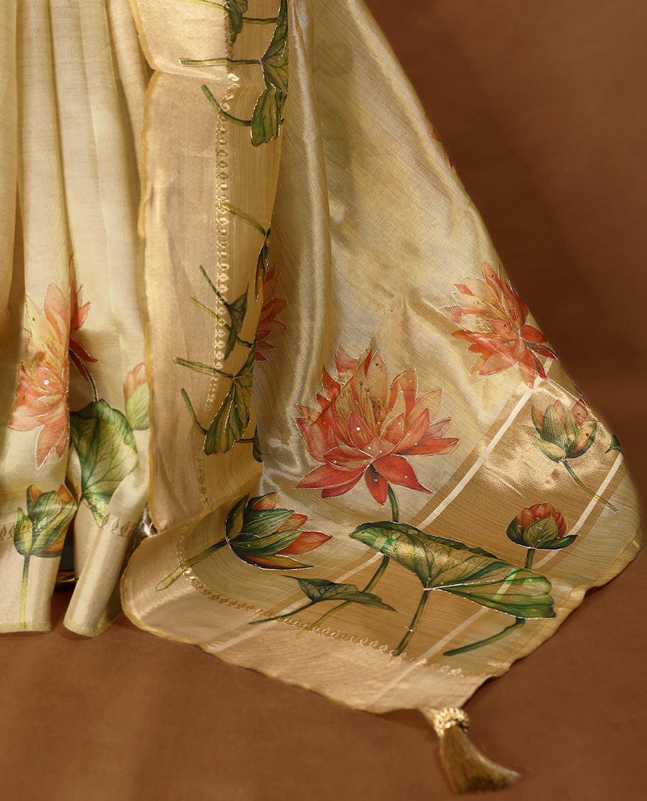 Light gold colour Organza Kerala saree with a sheer, smooth body and soft golden sheen. Accented with a fine zari border and Lotus floral motifs near the pleats. Comes paired with a coordinated matching blouse.