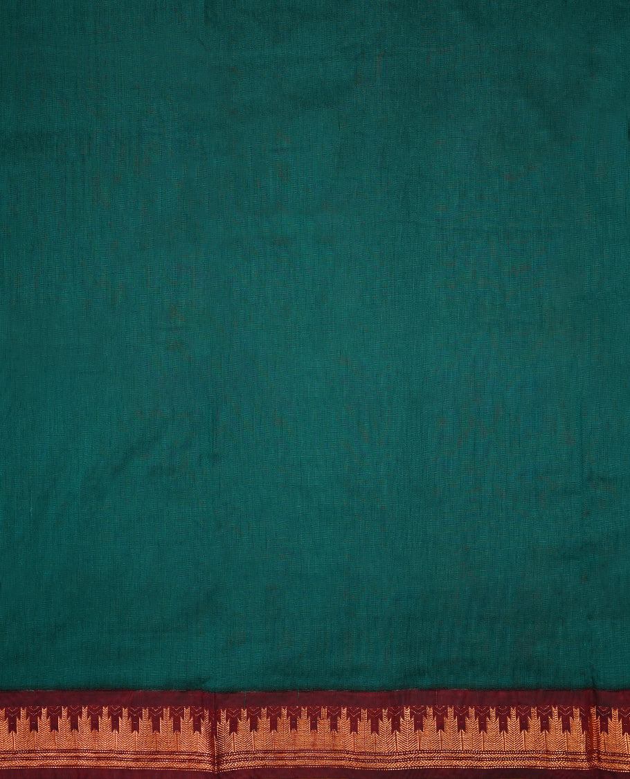 Peacock Green colour mixed Kalyani cotton saree featuring Plain body, paired with Maroon colour traditional border and pallu, with matching blouse
