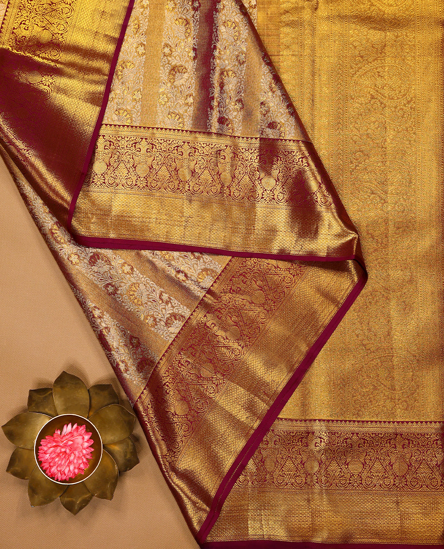Golden Colour Kancheepuram Tissue Silk Saree having Contrast Zari Worked Body with Contrast Border and Blouse