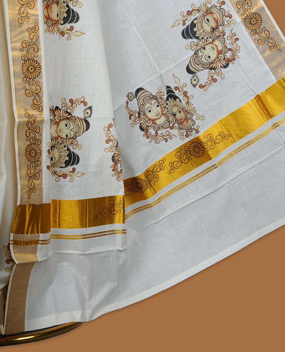 Off-white colour cotton Kerala saree featuring traditional Kathakali motifs on the body, complemented by a golden zari border and classic pallu, paired with a matching blouse.