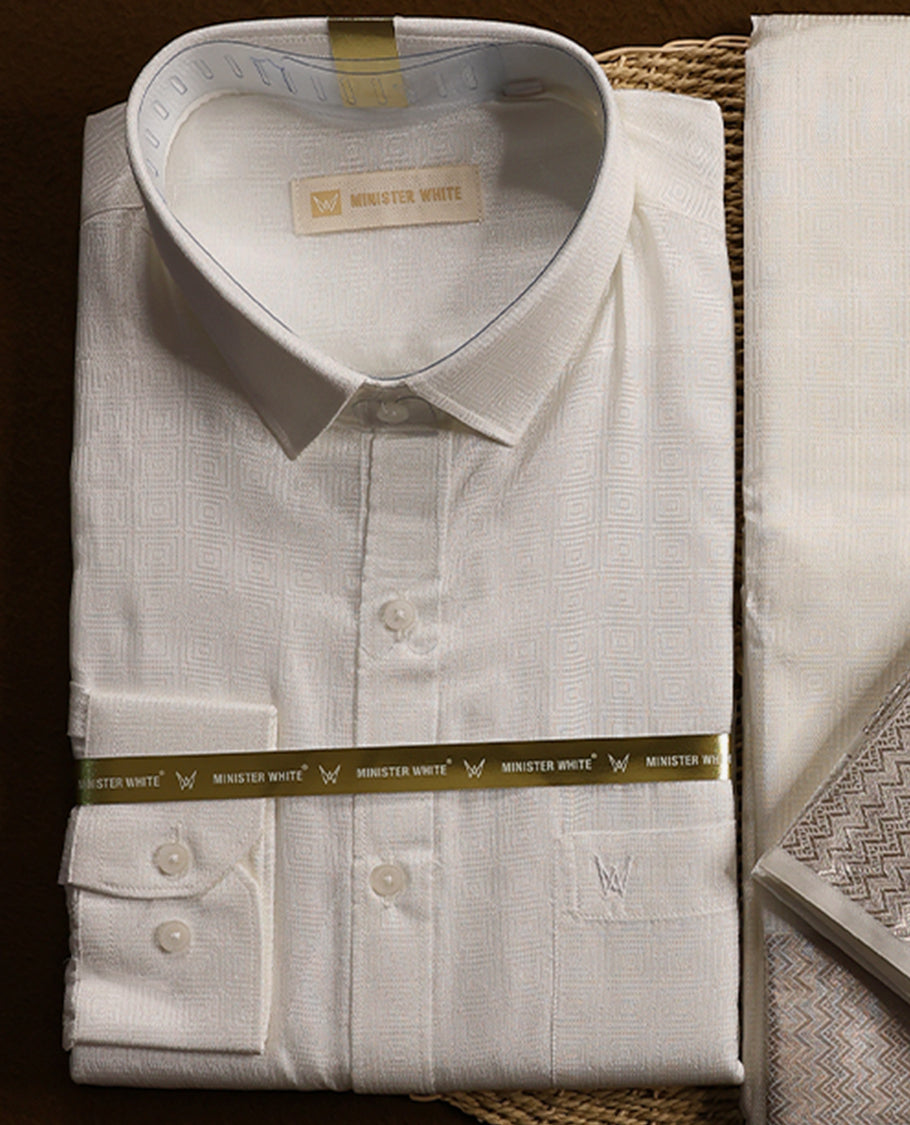 White and silver Colour silk wedding shirt, dhoti and towel set from MINISTER WHITE made from premium fabric and featuring rich zari detailing
