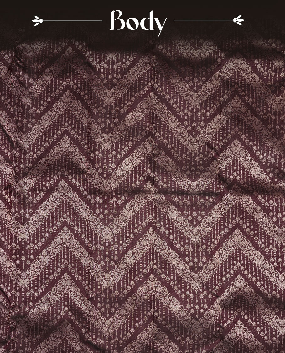 Coffee Brown colour Kanchipuram pattern Manthrakodi saree featuring geometric antique zari jacquard pattern, geometric zari border and zari jaquard blouse piece.