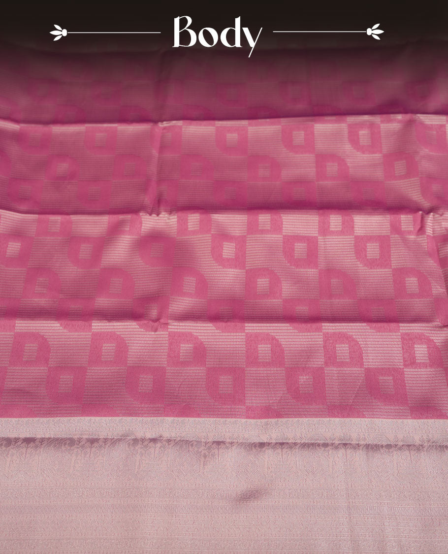 Magenta Pink colour Semi Silk Saree with Self-Checked Geometric Patterns on the Body, Contrasting Silver Zari Woven Pallu and Border Featuring Intricate Motifs and Tassels, Paired with Coordinated Blouse Piece