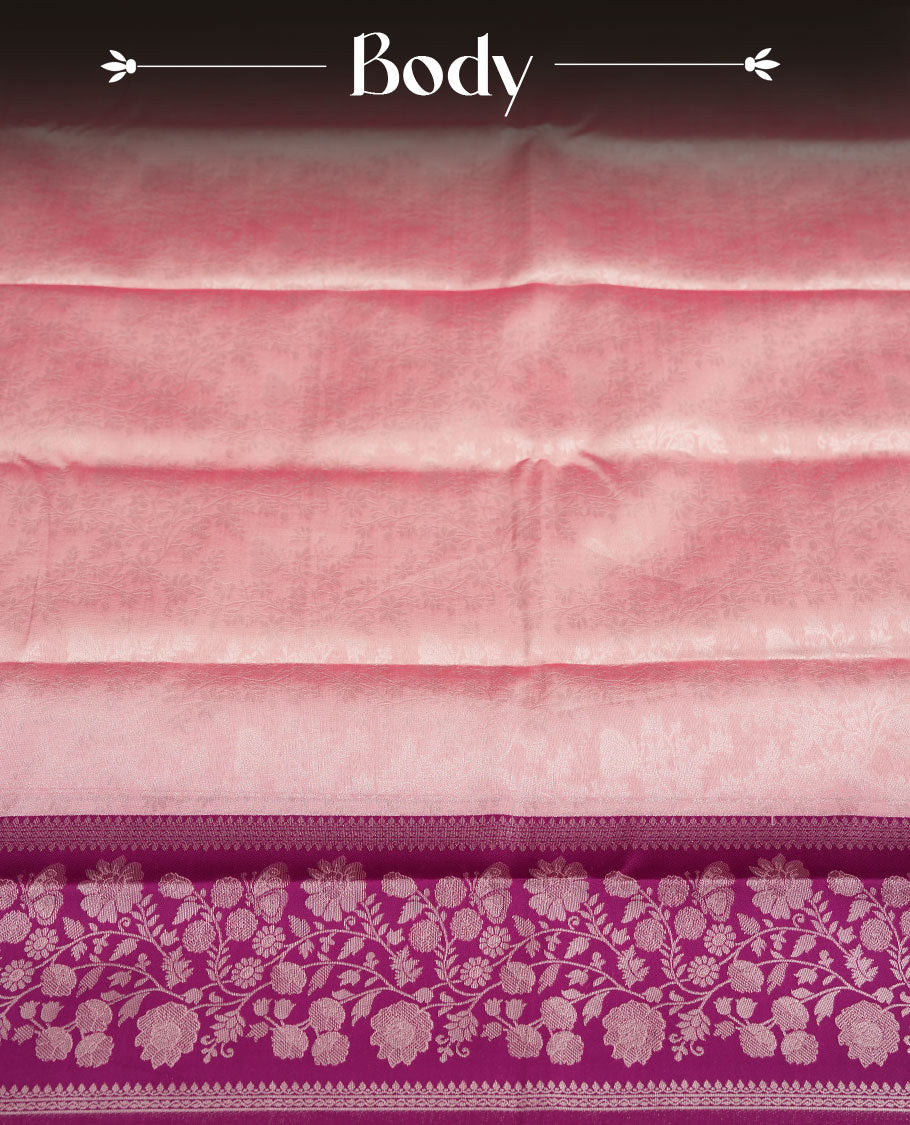 Blush Pink colour Semi Silk Saree with Allover Subtle Floral Self-Weave on the Body, Contrasting Plum Purple Zari Woven Pallu and Border Featuring Intricate Geometric Motifs and Tassels, Paired with Coordinated Blouse Piece