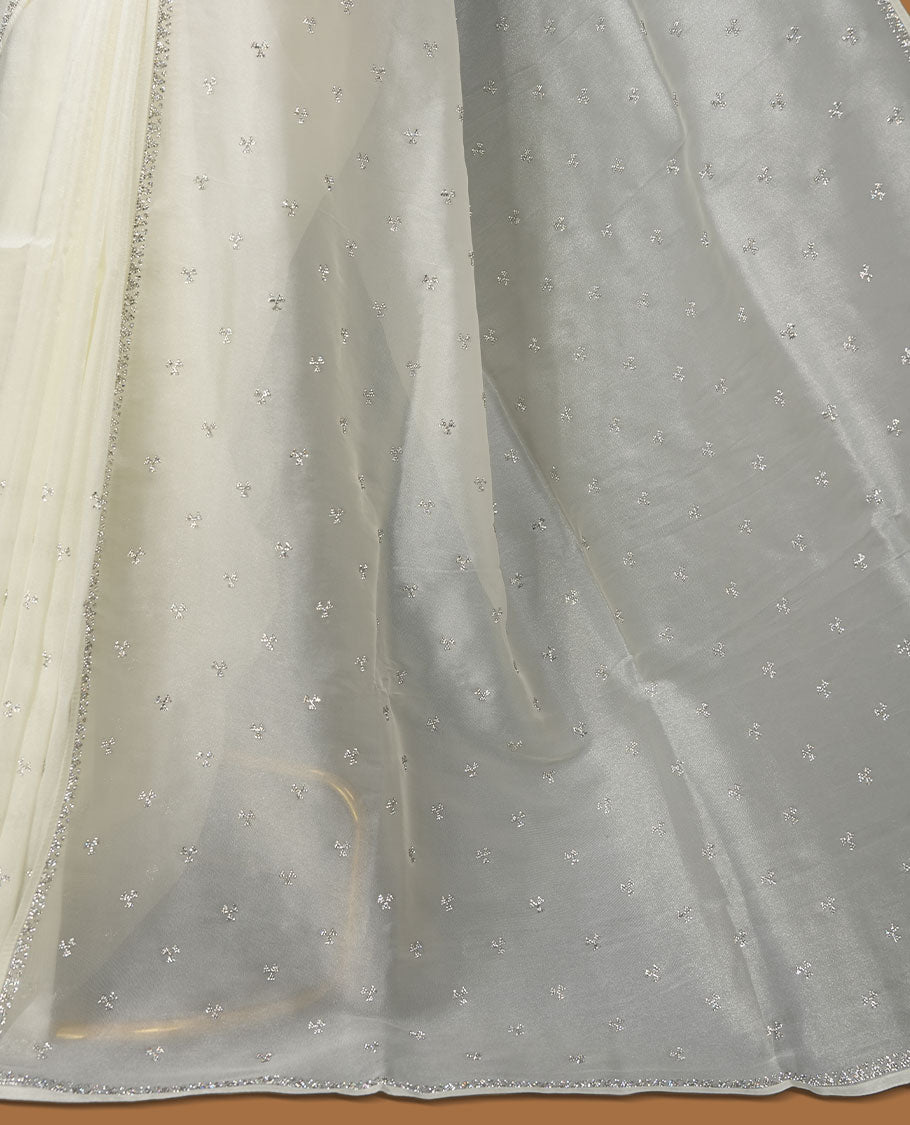 Off white Colour net shimmer fancy saree adorned with scattered white stone buttas all over the body, paired with a delicate stone worked border and matching blouse featuring floral vine stone embroidery