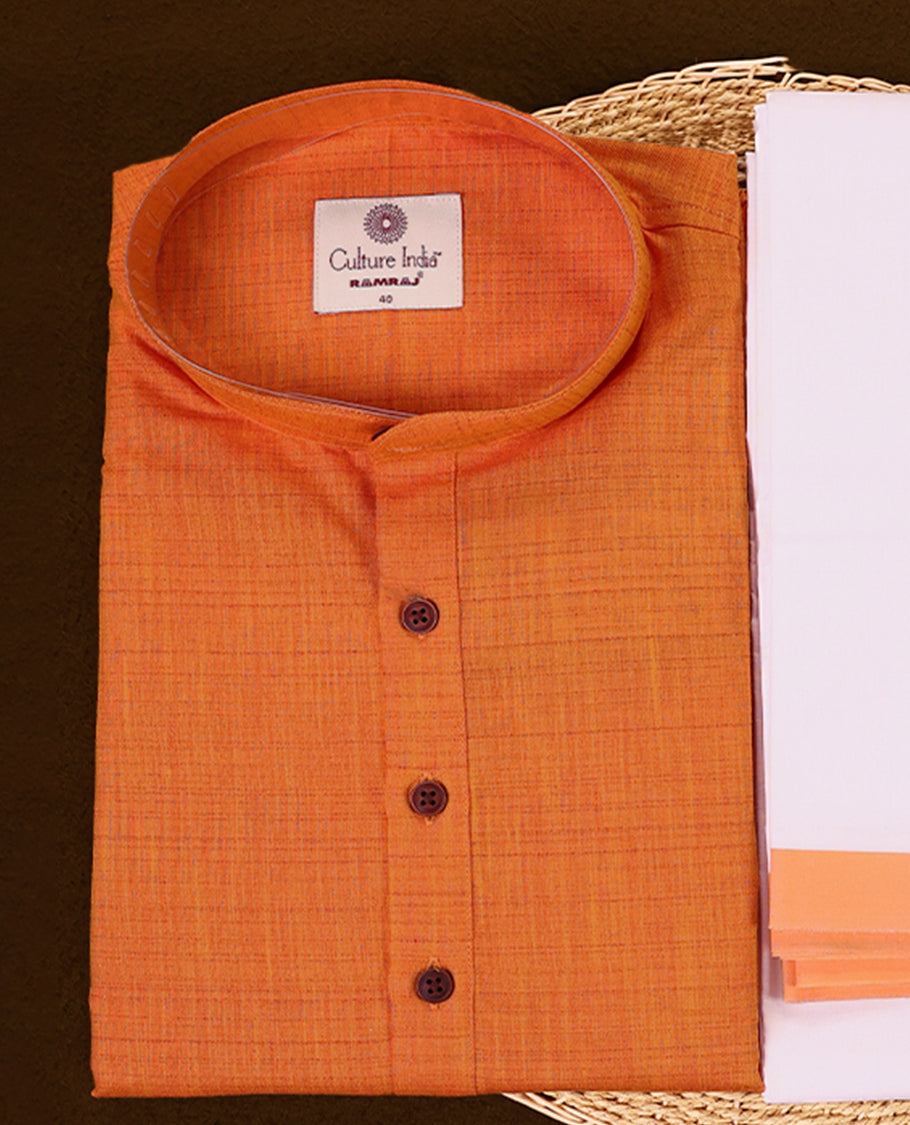 Bright orange short kurta and white dhoti set featuring a coordinated orange zari border crafted for a cheerful and traditional appearance perfect for festive occasions