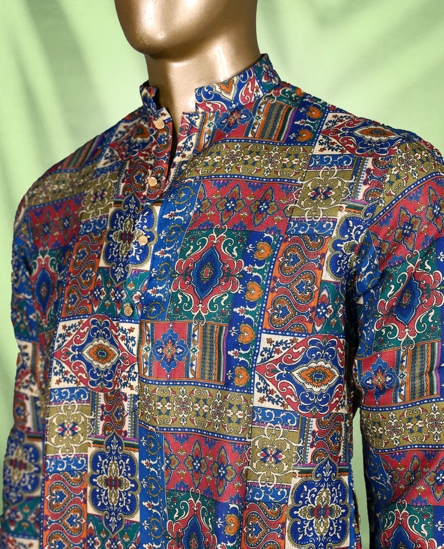 Multicolour men's kurta featuring an ethnic patchwork print, Mandarin collar, buttoned neck placket, and full sleeves for a vibrant traditional look.