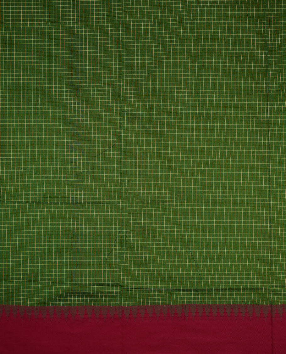 Grass Green colour mixed Kalyani cotton saree featuring mustard colour Checks throughout the body, paired with a Maroon colour traditional border and pallu, with matching blouse
