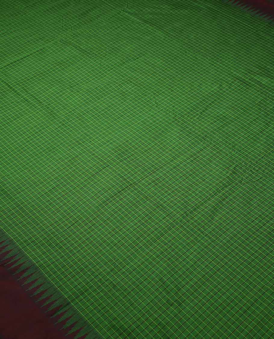 Bright Green Colour Mixed Kalyani Cotton Saree having Contrast Checked Body with Maroon Colour Border and Blouse