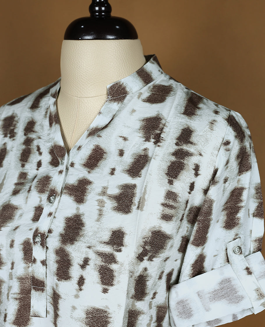 White Colour Readymade Top with Brown Colour Prints For Women with 2/4th Sleeves