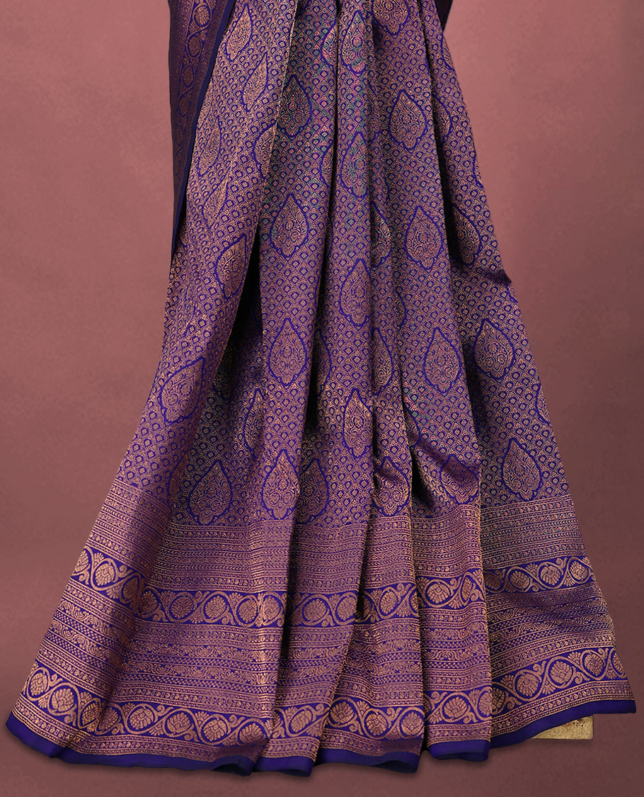 Dark Indigo Kancheepuram Silk Brocade Saree having Brocade Body with Self Coloured Brocade Border and Blouse