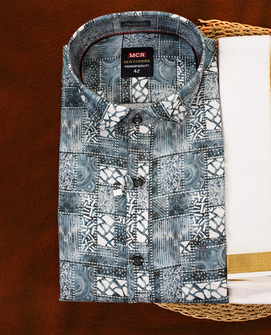 Pastel Blue colour MCR full sleeve shirt featuring all over abstract prints, paired with a white dhoti adorned with a rich golden zari kara and a matching printed border.