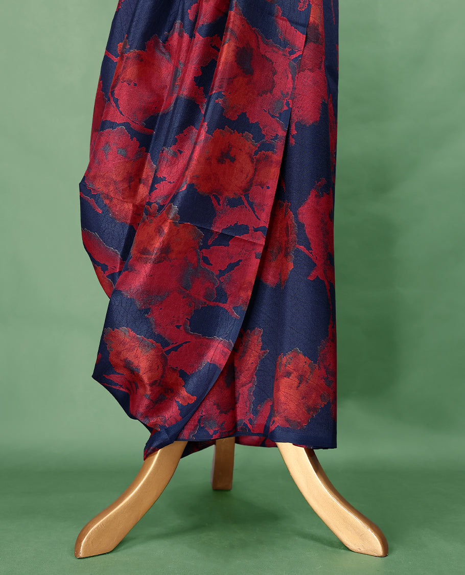 Navy blue colour Manipuri saree featuring oversized crimson red floral motifs, finished without a border, and paired with a matching blouse.